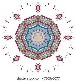 Mandala decoration, colorful geometric round ornament. Stylized doodle floral pattern, isolated design element on a white background for logo, emblem, invitation card, fabric cloth printing