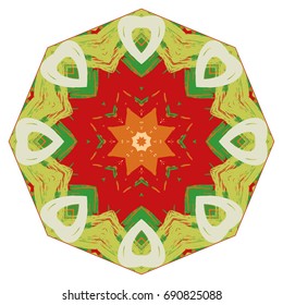 Mandala decoration, colorful grunge texture, round ornament. Stylized floral design element on a white background. Tribal ethnic arabic, indian, motif. Decorative vector illustration