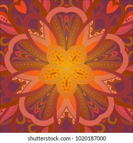 Mandala decoration, colorful ornament. Stylized doodle floral pattern, isolated design element for logo, emblem, invitation card, fabric cloth printing. Natural earth colors, red