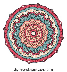 Mandala decoration, geometric round ornament. Stylized floral pattern, isolated colorful design element on a white background. Tribal ethnic arabic, indian, motif. Decorative vector illustration