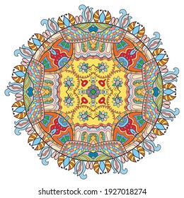 Mandala decoration, geometric round ornament. Stylized floral pattern, isolated colorful design element on a light background. Tribal ethnic arabic, indian, motif. Decorative vector illustration