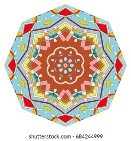 Mandala decoration, geometric round ornament. Stylized floral pattern, isolated colorful design element on a white background. Tribal ethnic arabic, indian, motif. Decorative vector illustration