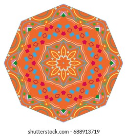 Mandala decoration, geometric round ornament. Stylized floral pattern, isolated colorful design element on a white background. Tribal ethnic arabic, indian, motif. Decorative vector illustration
