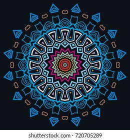 Mandala decoration, geometric round ornament. Stylized floral pattern, isolated colorful design element on a black background. Tribal ethnic arabic, indian, motif. Decorative vector illustration