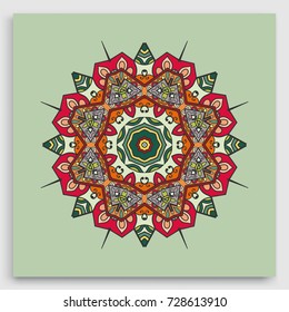 Mandala decoration, geometric round ornament. Stylized floral pattern, isolated colorful design element on a light background. Tribal ethnic arabic, indian, motif. Decorative vector illustration