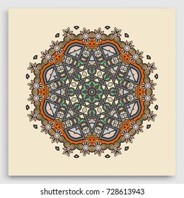 Mandala decoration, geometric round ornament. Stylized floral pattern, isolated colorful design element on a light background. Tribal ethnic arabic, indian, motif. Decorative vector illustration