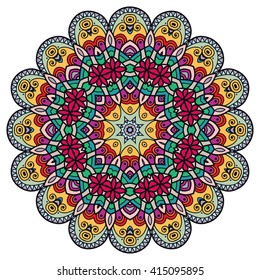 Mandala decoration, isolated design element. Zentangle style decor for adult coloring book. Tribal ethnic floral mandala pattern for coloring page, doodle art. Hand drawn geometric mandala background