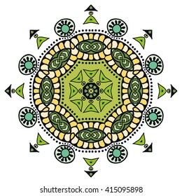 Mandala decoration, isolated design element. Zentangle style decor for adult coloring book. Tribal ethnic floral mandala pattern for coloring page, doodle art. Hand drawn geometric mandala background