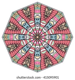 Mandala decoration, isolated design element. Zentangle style decor for adult coloring book. Tribal ethnic floral mandala pattern for coloring page, doodle art. Hand drawn geometric mandala background