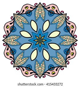 Mandala decoration, isolated design element. Zentangle style decor for coloring book. Tribal ethnic floral mandala round pattern, doodle art for coloring page. Hand drawn geometric mandala background