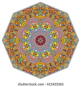 Mandala decoration, isolated design element. Zentangle style decor for coloring book. Tribal ethnic floral mandala round pattern, doodle art for coloring page. Hand drawn geometric mandala background