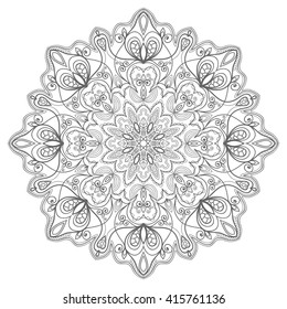 Mandala decoration, isolated design element. Zentangle style decor for coloring book. Tribal ethnic floral mandala round pattern, doodle art for coloring page. Hand drawn geometric mandala background