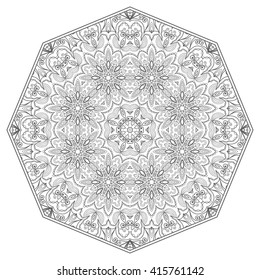 Mandala decoration, isolated design element. Zentangle style decor for coloring book. Tribal ethnic floral mandala round pattern, doodle art for coloring page. Hand drawn geometric mandala background