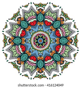 Mandala decoration, isolated design element. Zentangle style decor for coloring book. Tribal ethnic floral mandala round pattern, doodle art for coloring page. Hand drawn geometric mandala background