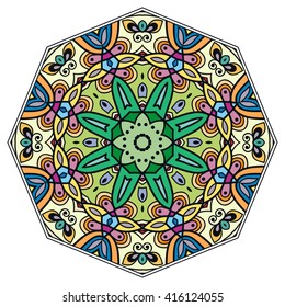 Mandala decoration, isolated design element. Zentangle style decor for coloring book. Tribal ethnic floral mandala round pattern, doodle art for coloring page. Hand drawn geometric mandala background