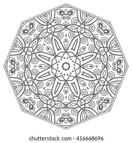Mandala decoration, isolated design element. Zentangle style decor for coloring book. Tribal ethnic floral mandala round pattern, doodle art for coloring page. Hand drawn geometric mandala background