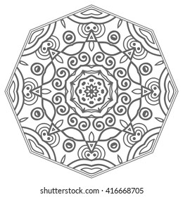 Mandala decoration, isolated design element. Zentangle style decor for coloring book. Tribal ethnic floral mandala round pattern, doodle art for coloring page. Hand drawn geometric mandala background