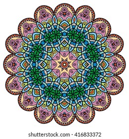 Mandala decoration, isolated design element. Zentangle style decor for coloring book. Tribal ethnic floral mandala round pattern, doodle art for coloring page. Hand drawn geometric mandala background