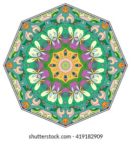 Mandala decoration, isolated design element. Zentangle style decor for coloring book. Tribal ethnic floral mandala round pattern, doodle art for coloring page. Hand drawn geometric mandala background