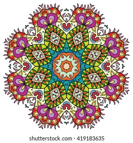 Mandala decoration, isolated design element. Zentangle style decor for coloring book. Tribal ethnic floral mandala round pattern, doodle art for coloring page. Hand drawn geometric mandala background