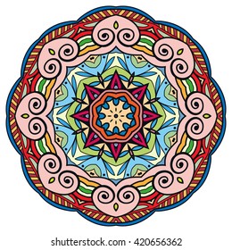 Mandala decoration, isolated design element. Zentangle style decor for coloring book. Tribal ethnic floral mandala round pattern, doodle art for coloring page. Hand drawn geometric mandala background