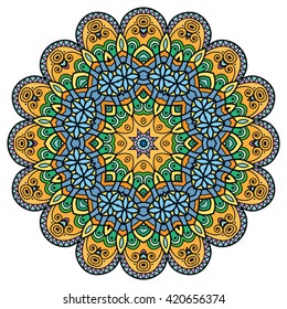 Mandala decoration, isolated design element. Zentangle style decor for coloring book. Tribal ethnic floral mandala round pattern, doodle art for coloring page. Hand drawn geometric mandala background