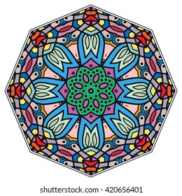 Mandala decoration, isolated design element. Zentangle style decor for coloring book. Tribal ethnic floral mandala round pattern, doodle art for coloring page. Hand drawn geometric mandala background