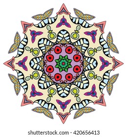 Mandala decoration, isolated design element. Zentangle style decor for coloring book. Tribal ethnic floral mandala round pattern, doodle art for coloring page. Hand drawn geometric mandala background