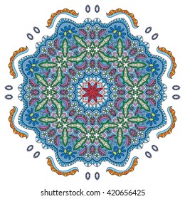 Mandala decoration, isolated design element. Zentangle style decor for coloring book. Tribal ethnic floral mandala round pattern, doodle art for coloring page. Hand drawn geometric mandala background