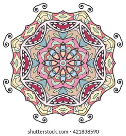 Mandala decoration, isolated design element. Zentangle style decor for coloring book. Tribal ethnic floral mandala round pattern, doodle art for coloring page. Hand drawn geometric mandala background