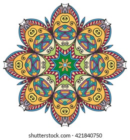 Mandala decoration, isolated design element. Zentangle style decor for coloring book. Tribal ethnic floral mandala round pattern, doodle art for coloring page. Hand drawn geometric mandala background
