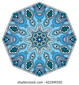 Mandala decoration, isolated design element. Zentangle style decor for coloring book. Tribal ethnic floral mandala round pattern, doodle art for coloring page. Hand drawn geometric mandala background