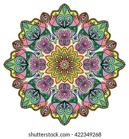Mandala decoration, isolated design element. Zentangle style decor for coloring book. Tribal ethnic floral mandala round pattern, doodle art for coloring page. Hand drawn geometric mandala background