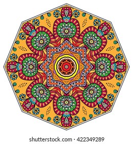 Mandala decoration, isolated design element. Zentangle style decor for coloring book. Tribal ethnic floral mandala round pattern, doodle art for coloring page. Hand drawn geometric mandala background