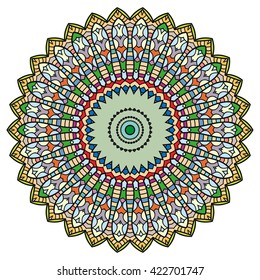 Mandala decoration, isolated design element. Zentangle style decor for coloring book. Tribal ethnic floral mandala round pattern, doodle art for coloring page. Hand drawn geometric mandala background