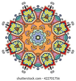 Mandala decoration, isolated design element. Zentangle style decor for coloring book. Tribal ethnic floral mandala round pattern, doodle art for coloring page. Hand drawn geometric mandala background