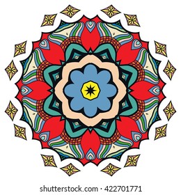 Mandala decoration, isolated design element. Zentangle style decor for coloring book. Tribal ethnic floral mandala round pattern, doodle art for coloring page. Hand drawn geometric mandala background