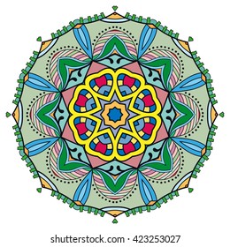 Mandala decoration, isolated design element. Zentangle style decor for coloring book. Tribal ethnic floral mandala round pattern, doodle art for coloring page. Hand drawn geometric mandala background