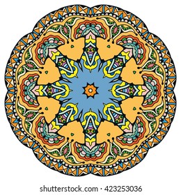 Mandala decoration, isolated design element. Zentangle style decor for coloring book. Tribal ethnic floral mandala round pattern, doodle art for coloring page. Hand drawn geometric mandala background