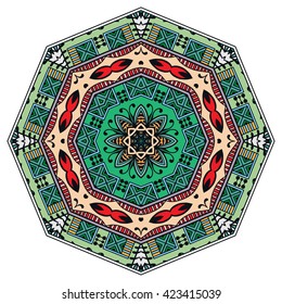 Mandala decoration, isolated design element. Zentangle style decor for coloring book. Tribal ethnic floral mandala round pattern, doodle art for coloring page. Hand drawn geometric mandala background