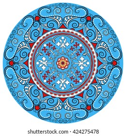 Mandala decoration, isolated design element. Hand drawn style decor for coloring book. Tribal ethnic floral mandala round pattern, doodle art for coloring page. Hand drawn geometric mandala background