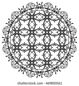 Mandala decoration, oriental line pattern, isolated design element for card or invitation, coloring book page. Black and white abstract geometric background Tribal ethnic floral mandala round ornament