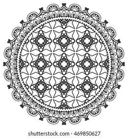 Mandala decoration, oriental line pattern, isolated design element for card or invitation, coloring book page. Black and white abstract geometric background Tribal ethnic floral mandala round ornament