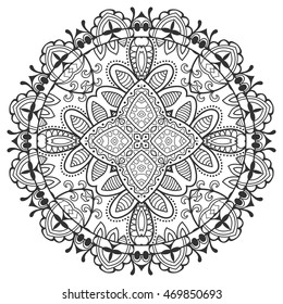 Mandala decoration, oriental line pattern, isolated design element for card or invitation, coloring book page. Black and white abstract geometric background Tribal ethnic floral mandala round ornament
