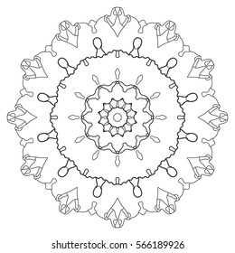 Mandala decoration, round outline ornament for coloring book. Isolated vintage decorative element, stylized floral pattern, black and white background. Tribal ethnic arabic, indian, turkish decor