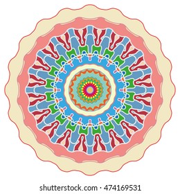 Mandala decoration, stylized floral round ornament, isolated design element on a white background. Vector geometric floral pattern. Tribal ethnic arabic, indian, turkish decor. Kaleidoscope pattern