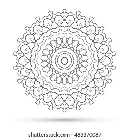 Mandala decoration, stylized floral round ornament, isolated design element, black and white background. Vector geometric floral pattern. Tribal ethnic arabic, indian, turkish decor