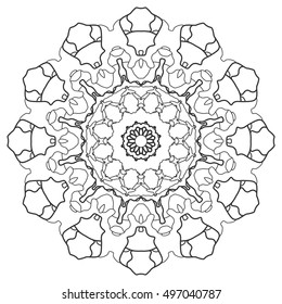 Mandala decoration, stylized floral round ornament, isolated design element, black and white background. Vector geometric floral pattern. Tribal ethnic arabic, indian, turkish decor