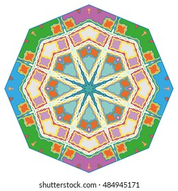 Mandala decoration, stylized geometric eight pointed round ornament, isolated element on white background. Vector floral shapes pattern. Tribal ethnic arabic indian turkish decor. Kaleidoscope pattern
