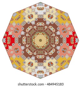 Mandala decoration, stylized geometric eight pointed round ornament, isolated element on white background. Vector floral shapes pattern. Tribal ethnic arabic indian turkish decor. Kaleidoscope pattern